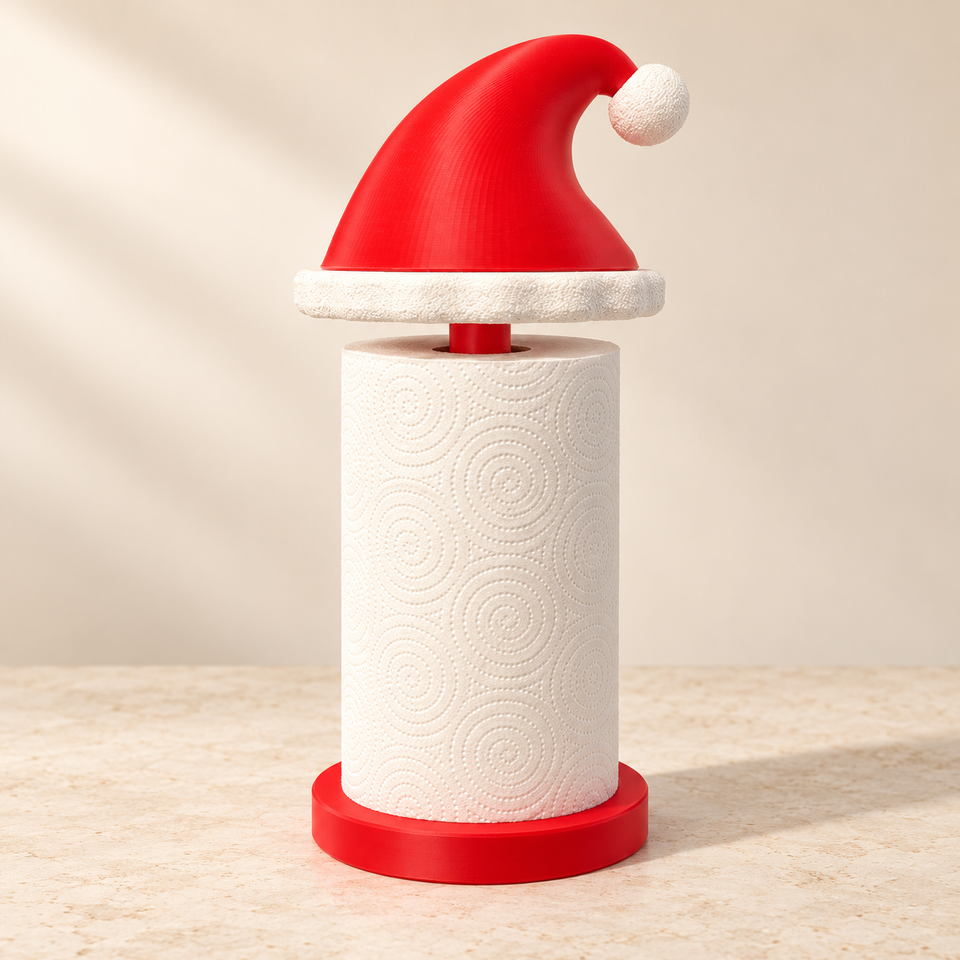 Red and white Santa hat paper towel holder shown with a kitchen paper roll on a warm ivory background