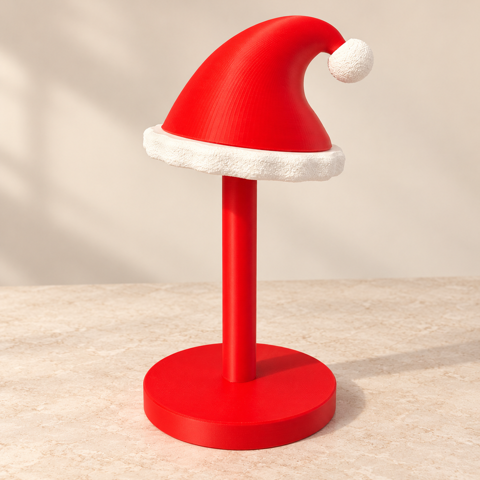 Empty Santa hat paper towel holder showing its red circular base, central pole and removable hat topper