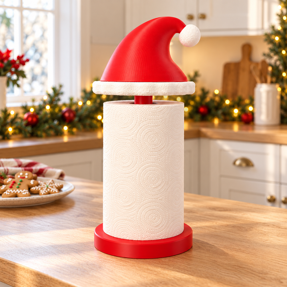 Santa hat paper towel holder on a light wood countertop in a festive Christmas kitchen