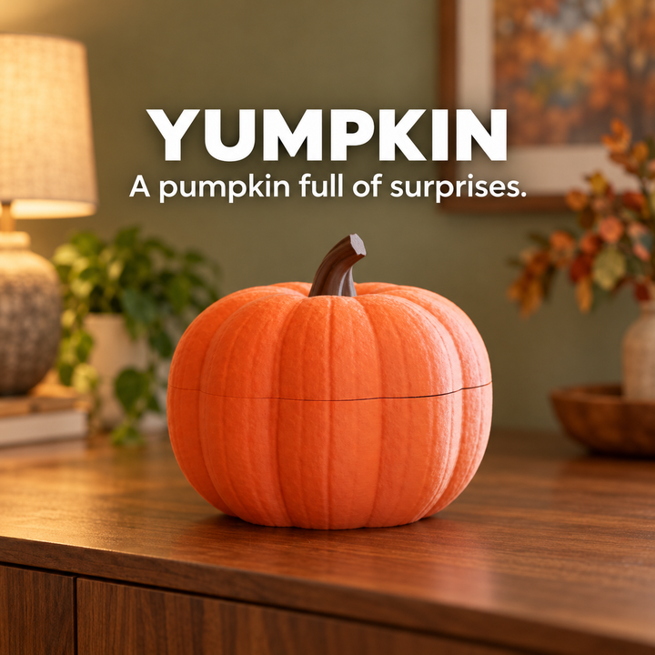 Yumpkin orange pumpkin organizer closed with dark brown stem.