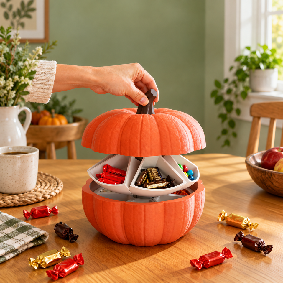 Hand lifting the Yumpkin stem to reveal its first tier of storage trays.