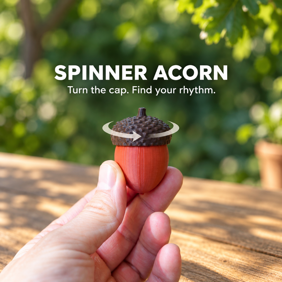Red spinner acorn with a rotating brown cap held in a hand.