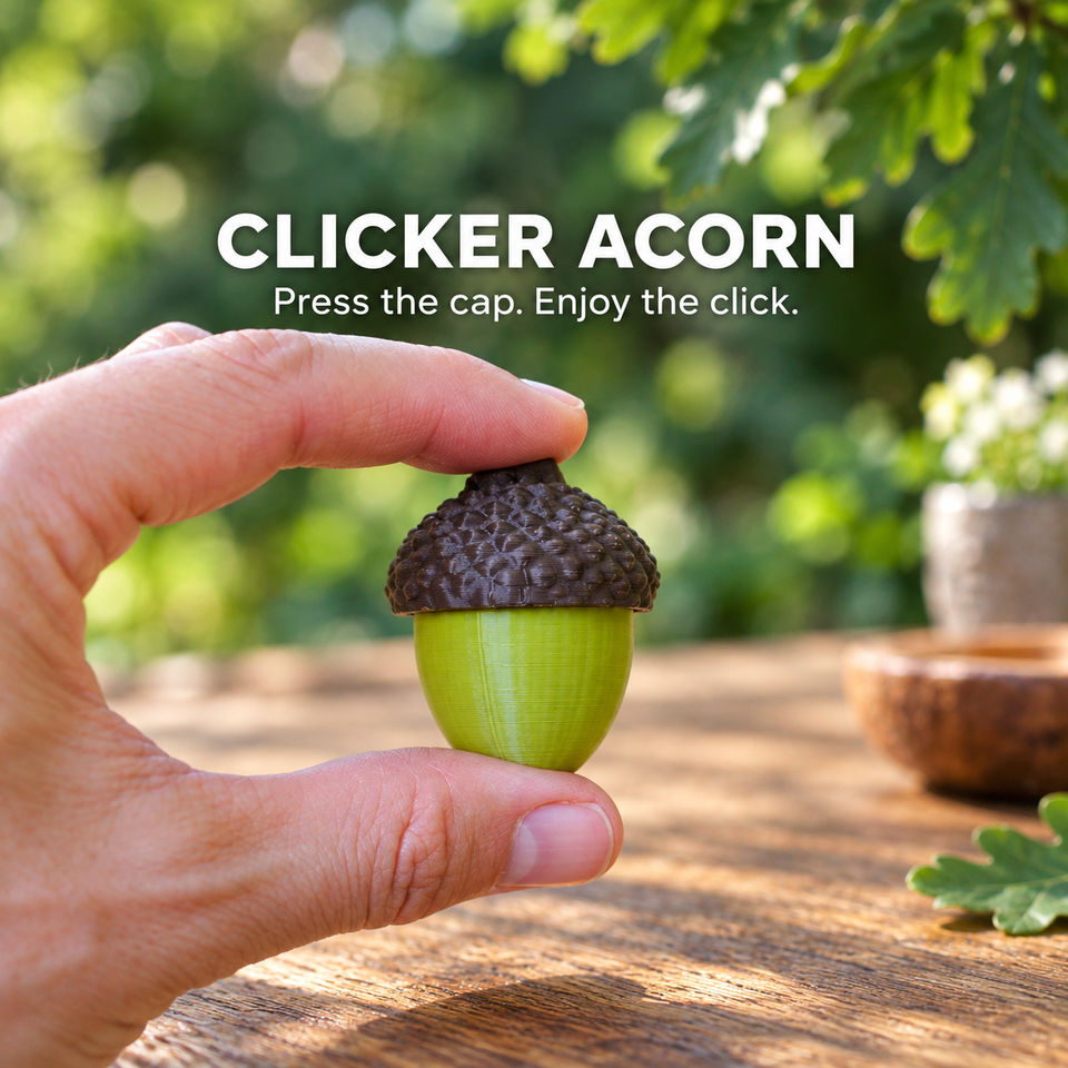 Green clicker acorn with a finger pressing its brown cap.
