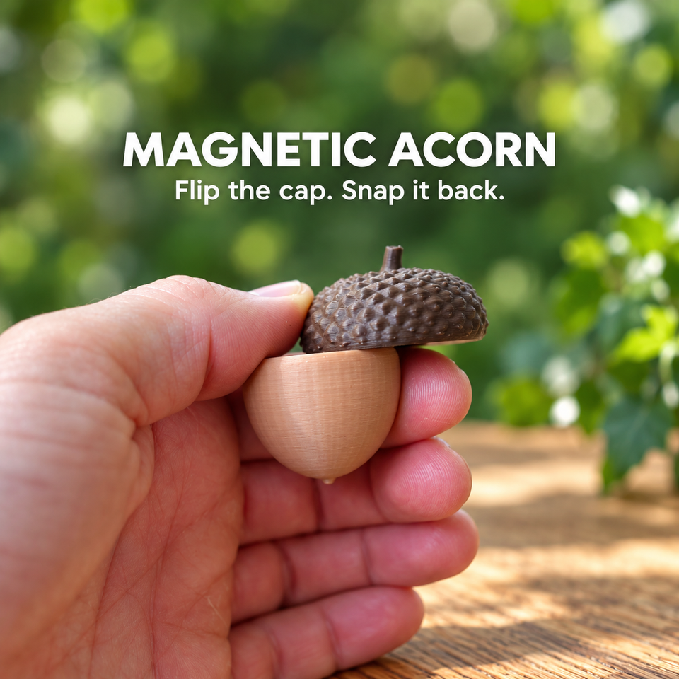 Tan magnetic acorn with its brown cap tipped above the body.