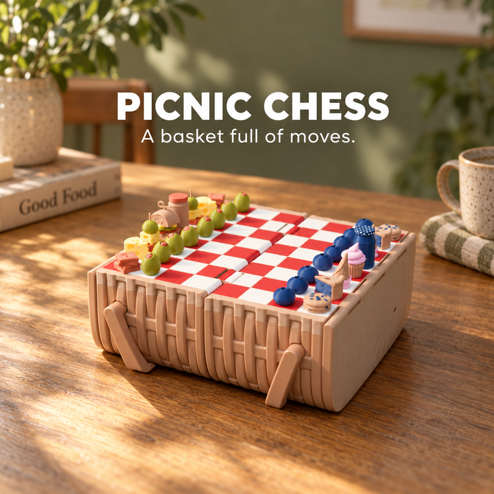 Picnic Chess open as a red-and-white chessboard with savory and sweet food-shaped game pieces on its tan folding basket base.