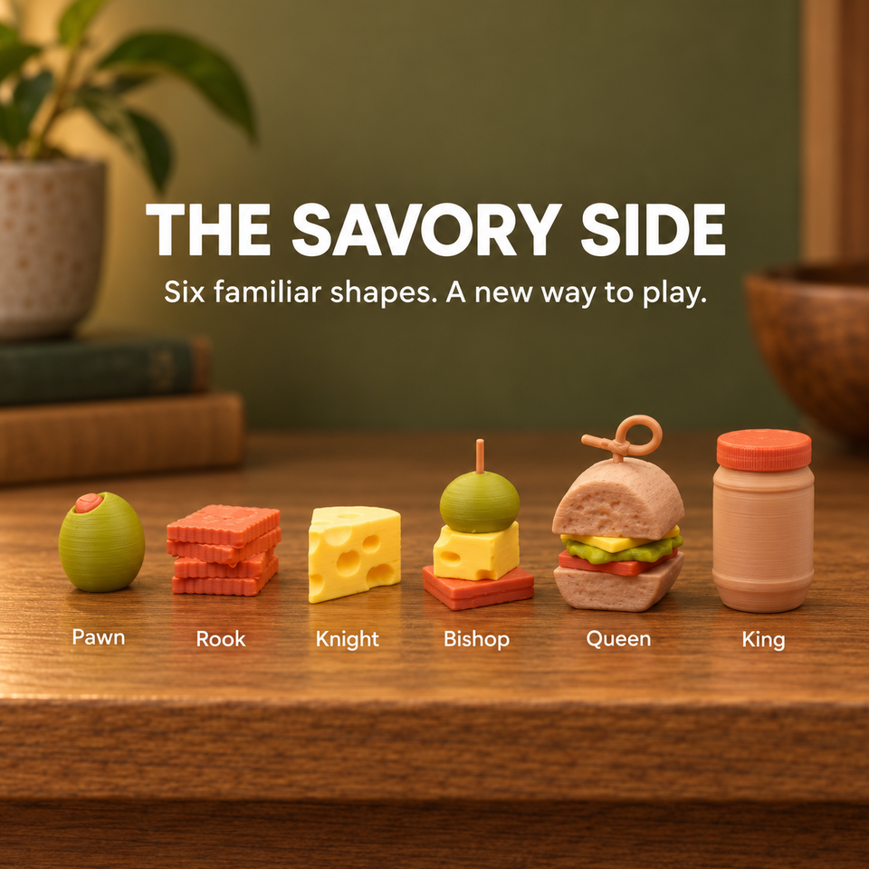Six savory chess piece designs: olive pawn, cracker rook, cheese knight, skewer bishop, sandwich queen and peanut butter jar king.