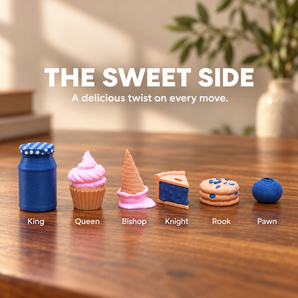 Six sweet chess piece designs: jam jar king, cupcake queen, ice cream bishop, pie knight, cookie rook and blueberry pawn.