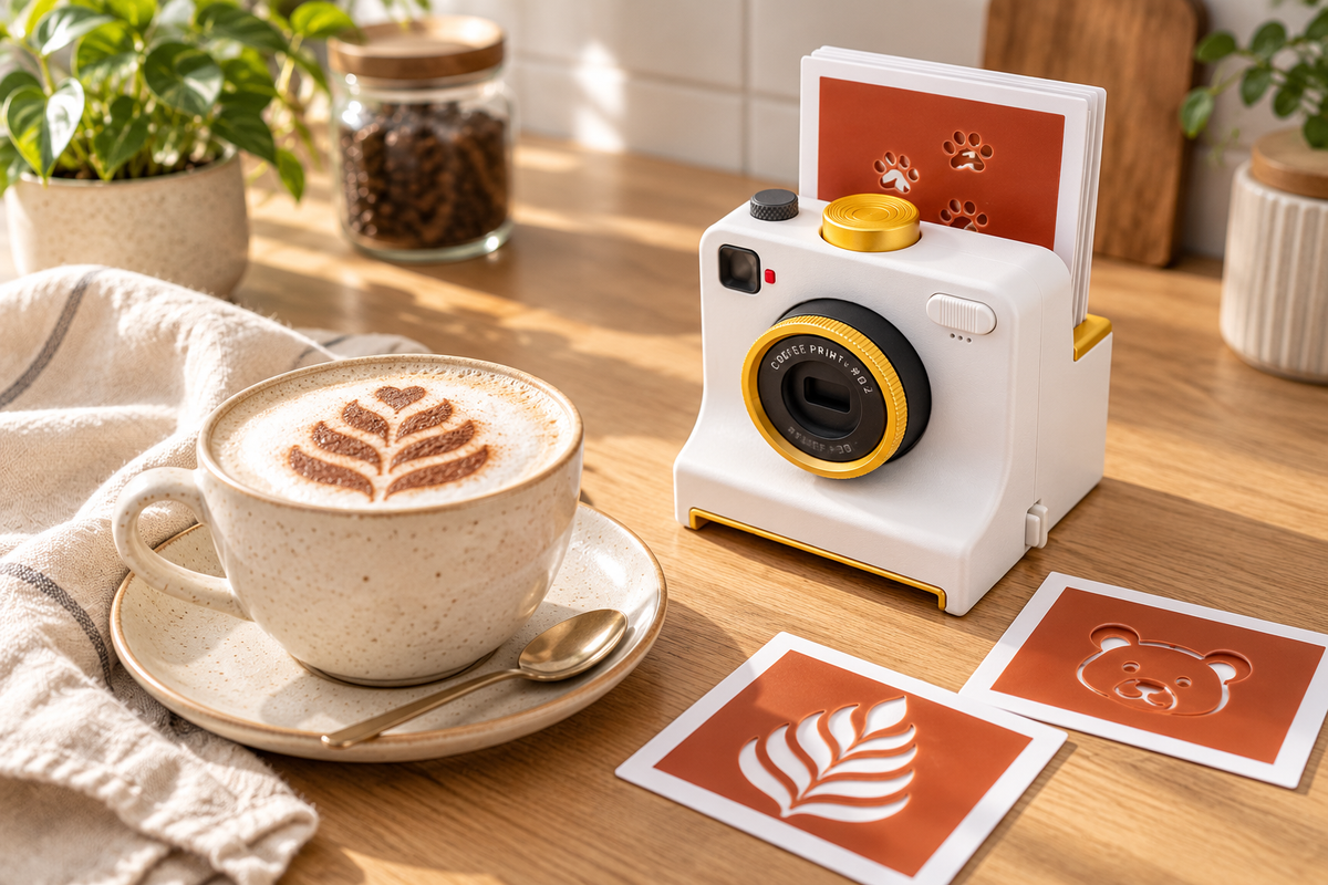 Illustrated home coffee setting with a white latte art camera, cocoa-patterned cappuccino and stencil cards.