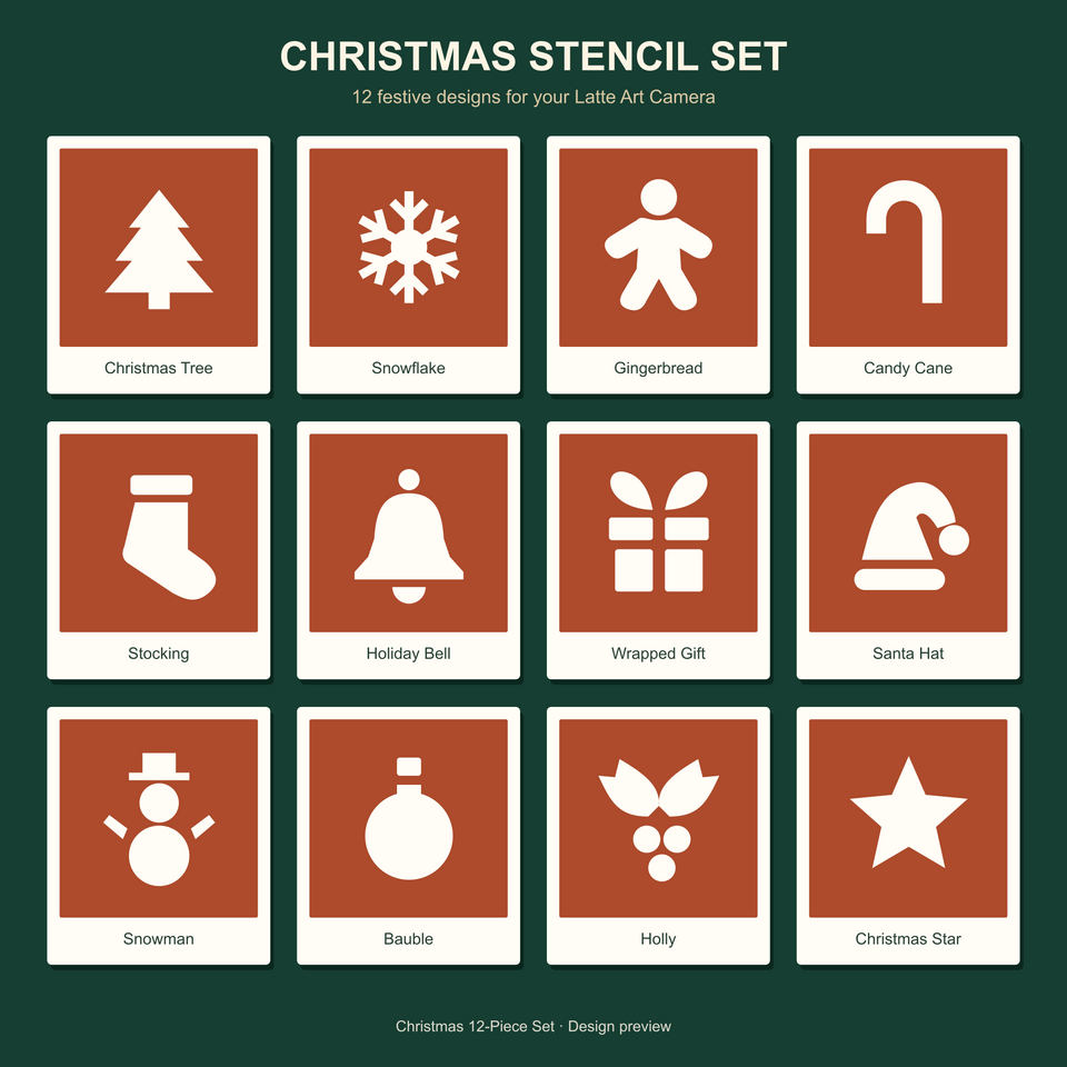 Christmas 12-Piece Set: tree, snowflake, gingerbread, candy cane, stocking, bell, gift, Santa hat, snowman, bauble, holly and star