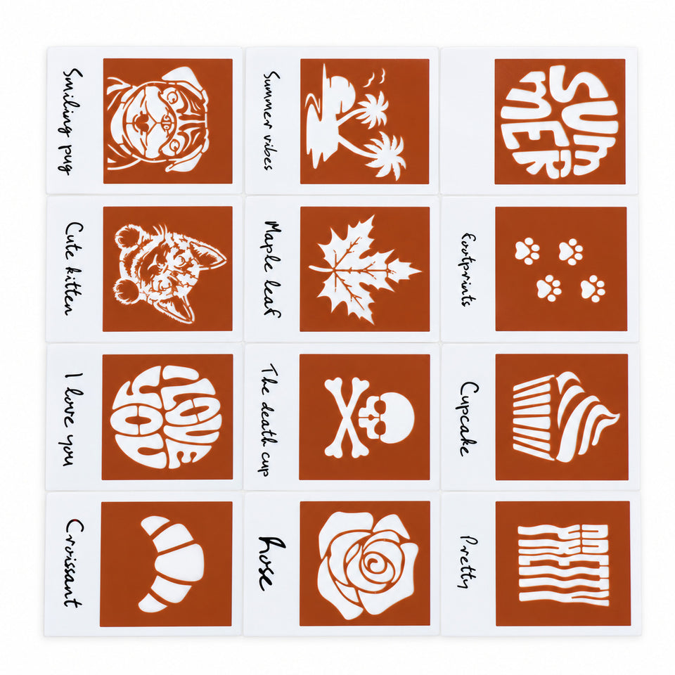 Example assortment of 12 original latte art stencils; actual designs and stencil colors are assorted