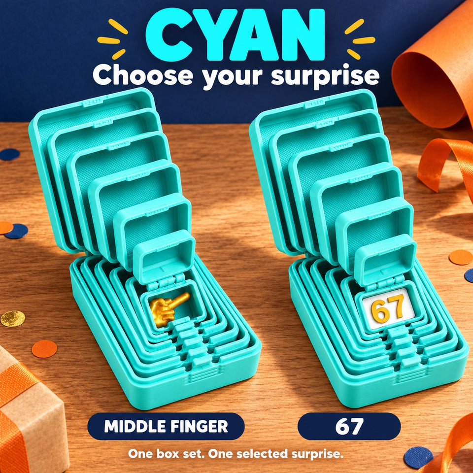 Cyan Nesting Prank Gift Box showing both Middle Finger and 67 surprise options in a gift setting; one selected surprise per set