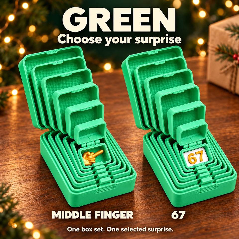 Green Nesting Prank Gift Box showing both Middle Finger and 67 surprise options in a gift setting; one selected surprise per set