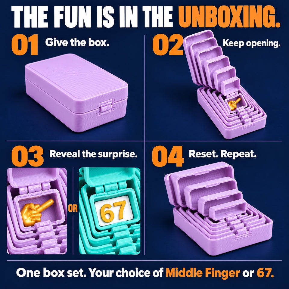 How the nesting prank works: give the box, open the nested layers, reveal the selected Middle Finger or 67 surprise, then close from the smallest box outward to reset