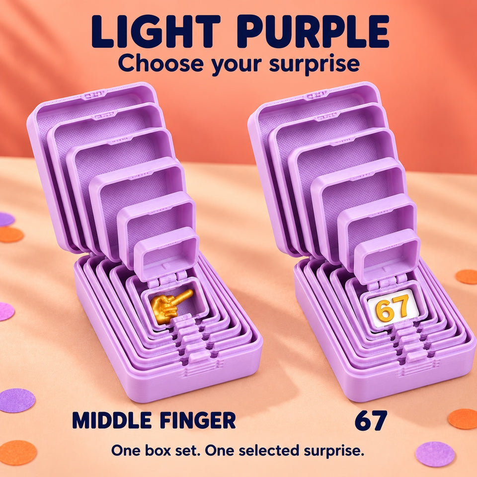 Light purple Nesting Prank Gift Box showing both Middle Finger and 67 surprise options in a gift setting; one selected surprise per set
