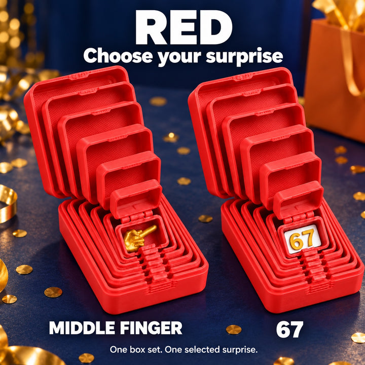 Red Nesting Prank Gift Box showing both Middle Finger and 67 surprise options in a gift setting; one selected surprise per set