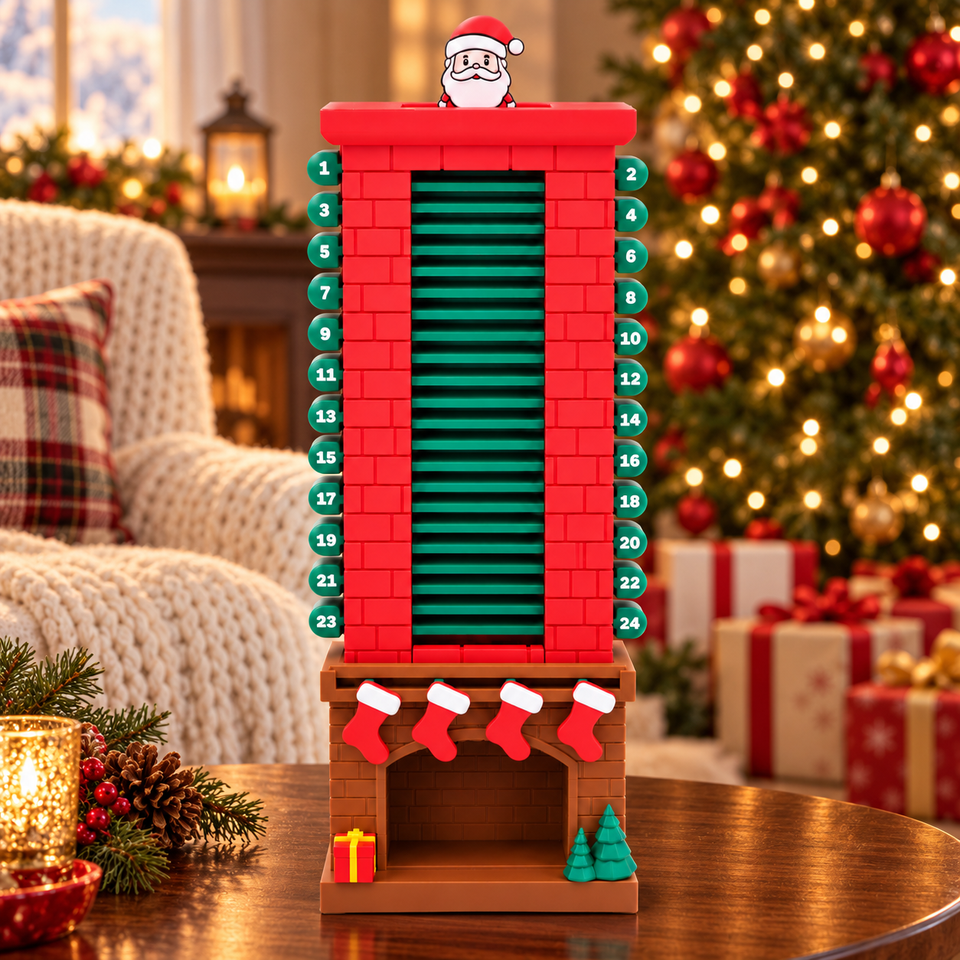 Santa chimney countdown calendar on a side table beside a decorated Christmas tree