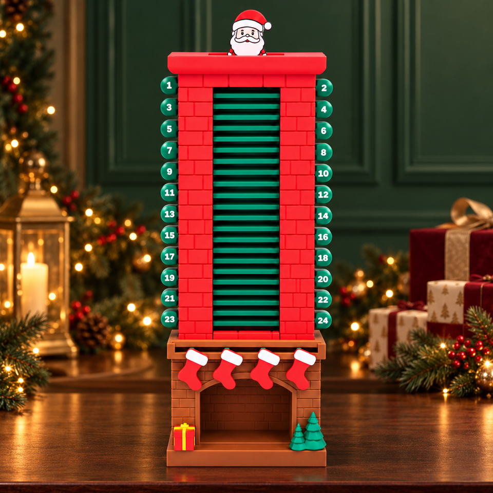 Santa chimney advent calendar in a festive evening room with garland and wrapped gifts