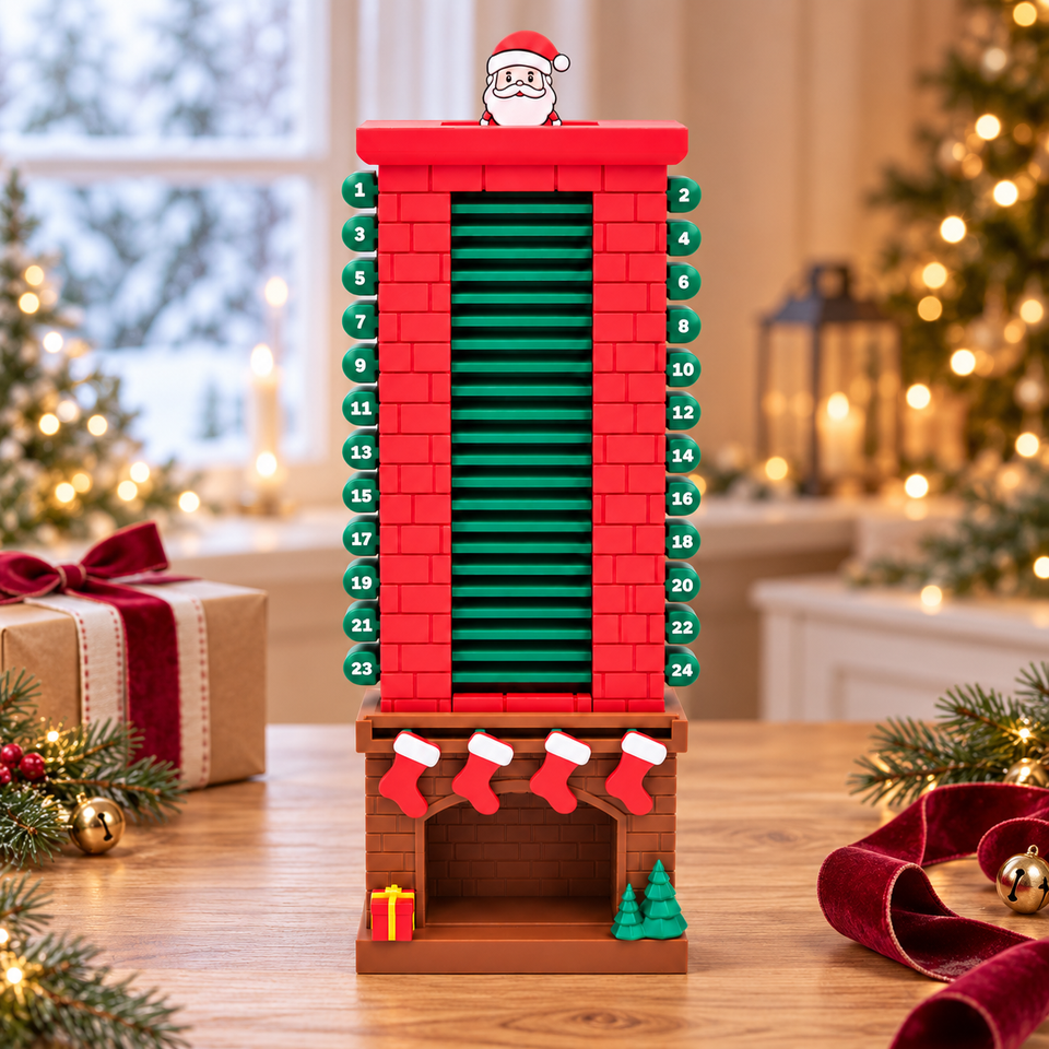 Santa chimney Christmas countdown calendar styled on a holiday gift-wrapping table