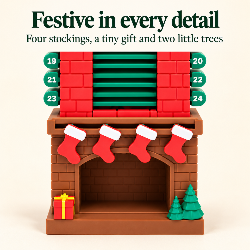 Close-up of the brown fireplace base, four red stockings, tiny present and two green trees