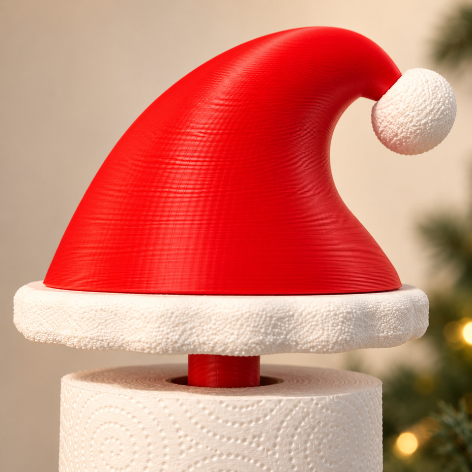 Close-up of the rigid curved red Santa hat, textured white brim and printed pom-pom above a paper towel roll