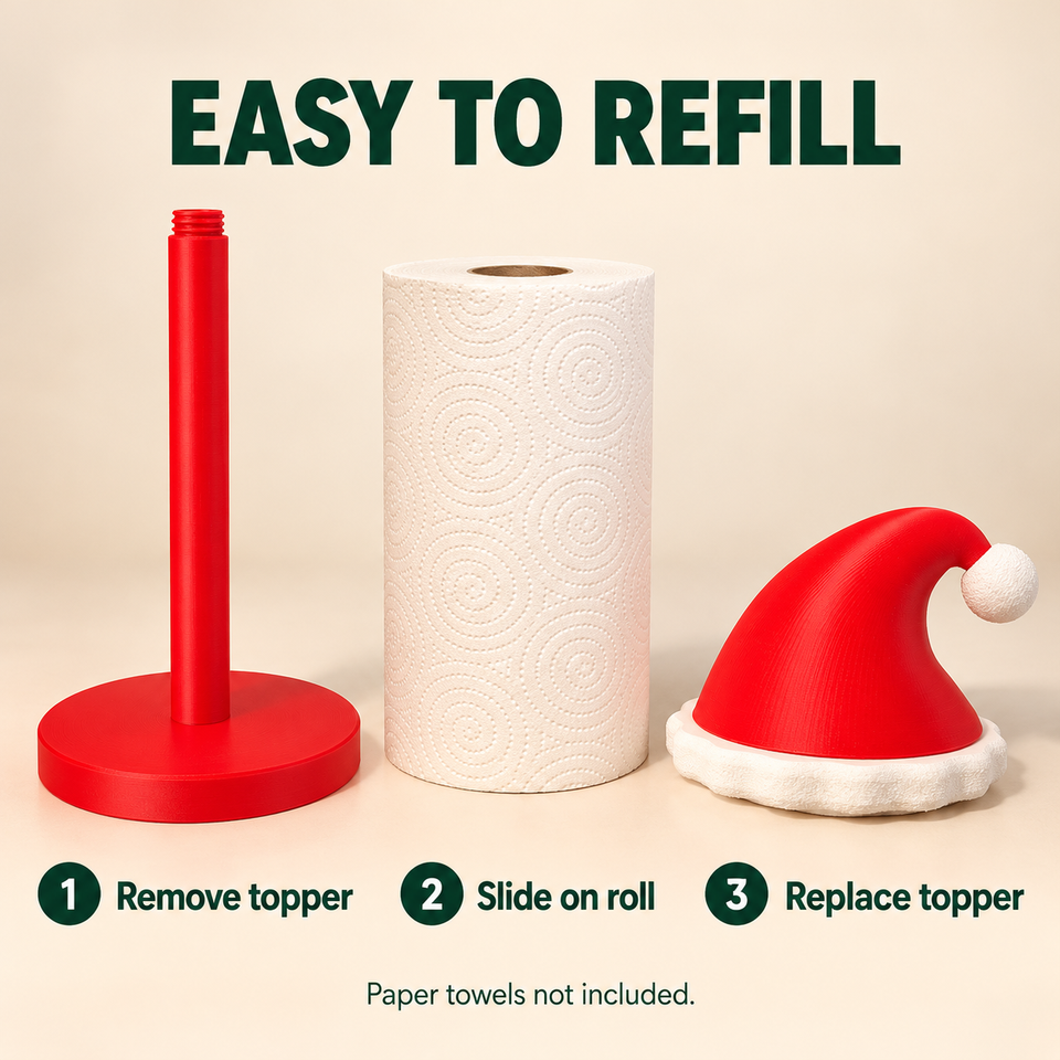Three-step refill guide with the red base and pole, a separate paper roll and removable Santa hat topper; paper towels not included