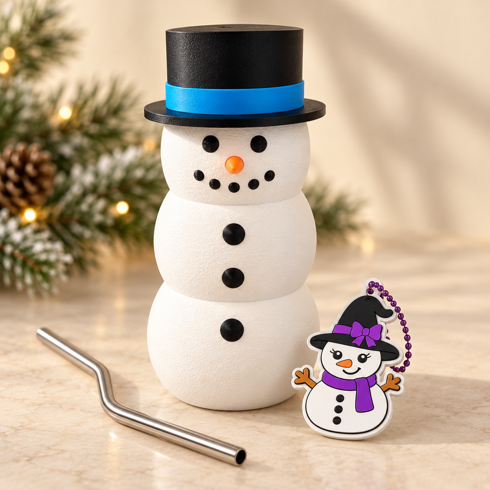 Snowman can holder with classic black top hat and blue band, bent metal straw and snowman can-tab opener