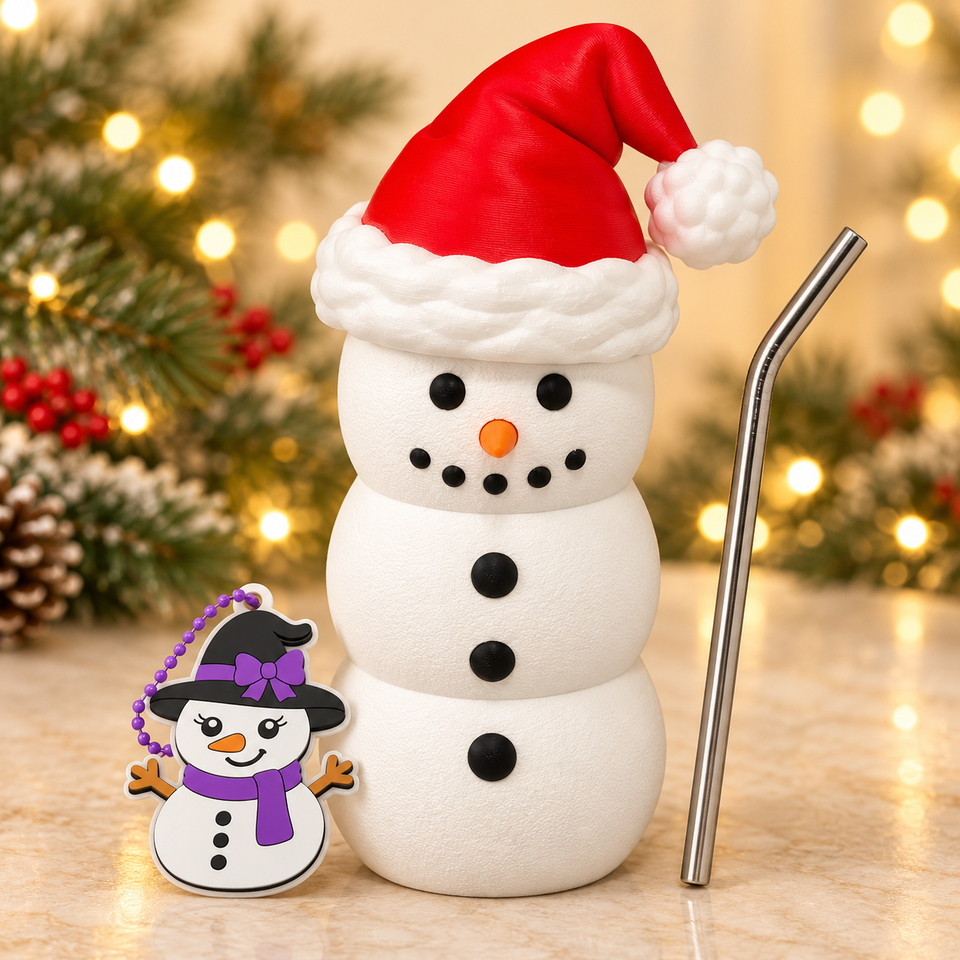 Snowman can holder with red Santa hat, bent metal straw and snowman can-tab opener