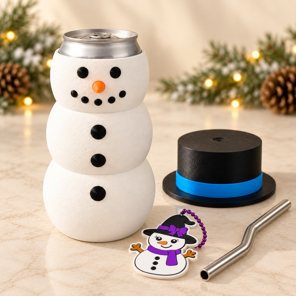 Snowman can holder with a beverage can inside and the classic top hat removed