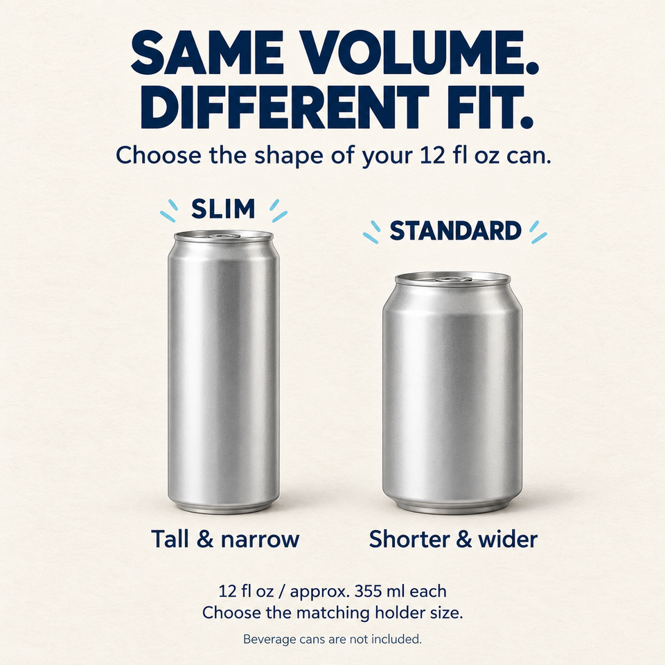 Can-fit guide comparing tall narrow 12 fl oz slim cans with shorter wider 12 fl oz standard cans; choose the matching holder size