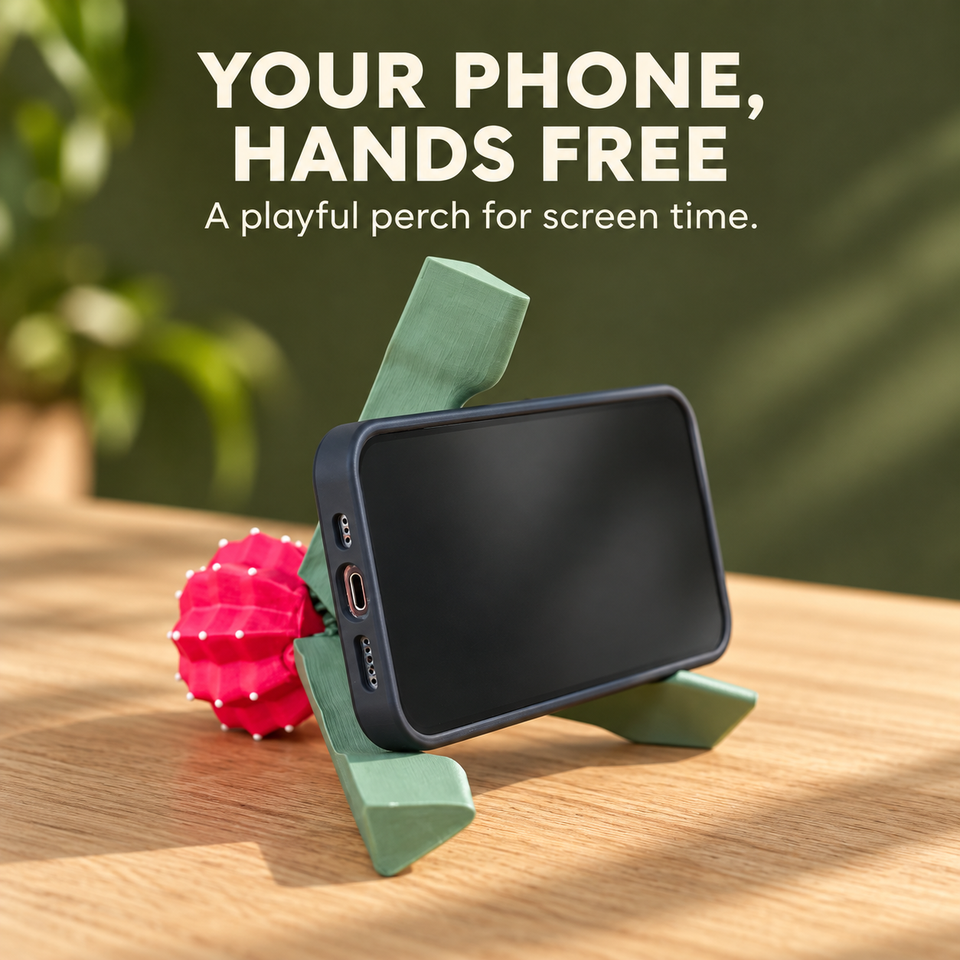 Phoney Cactus Phone Stand — A playful perch for screen time.