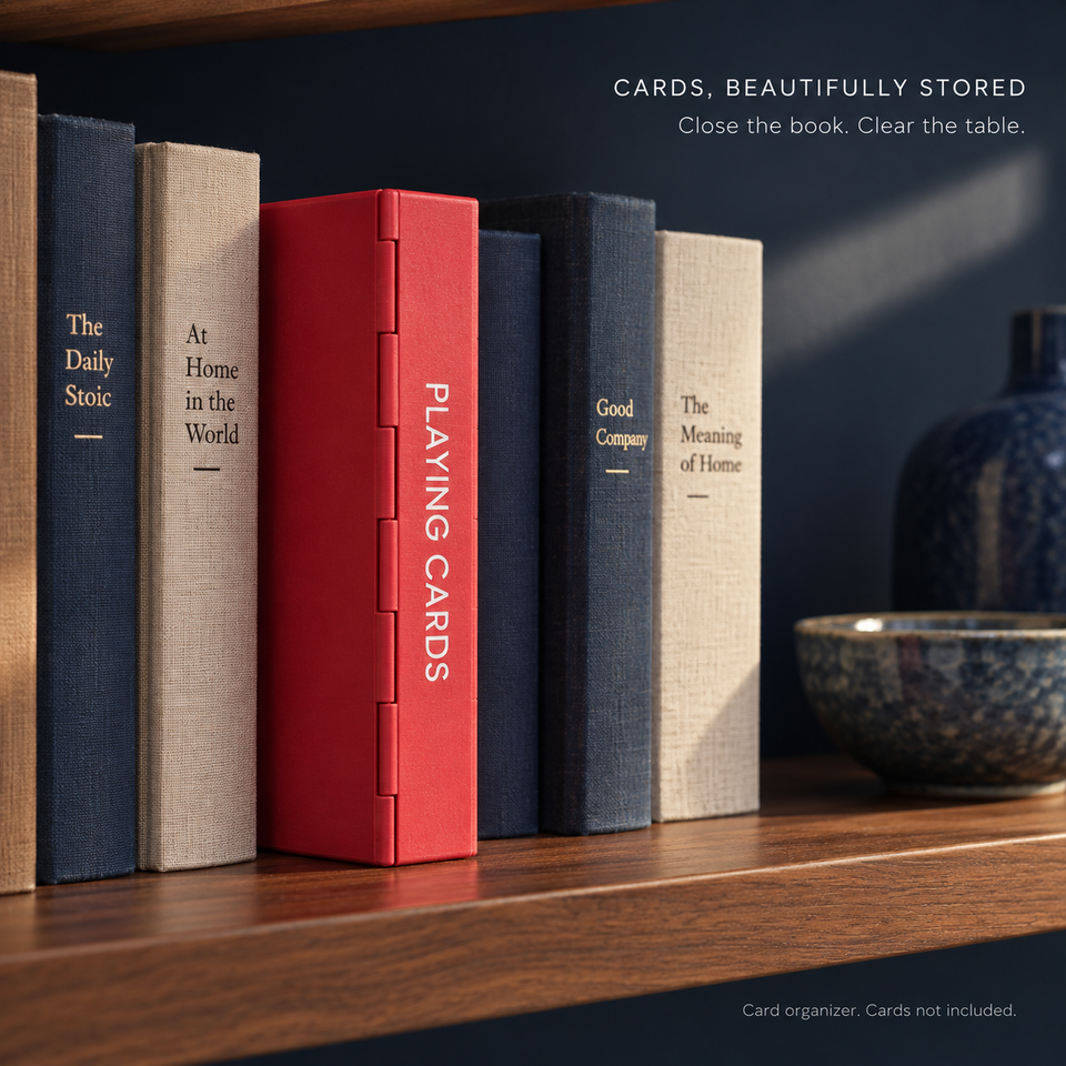 PlayBook'd Playing Card Organizer — Closed bookshelf storage