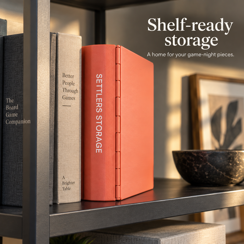 PlayBook'd Settlers' Storage — CATAN-Compatible Organizer — Closed bookshelf storage