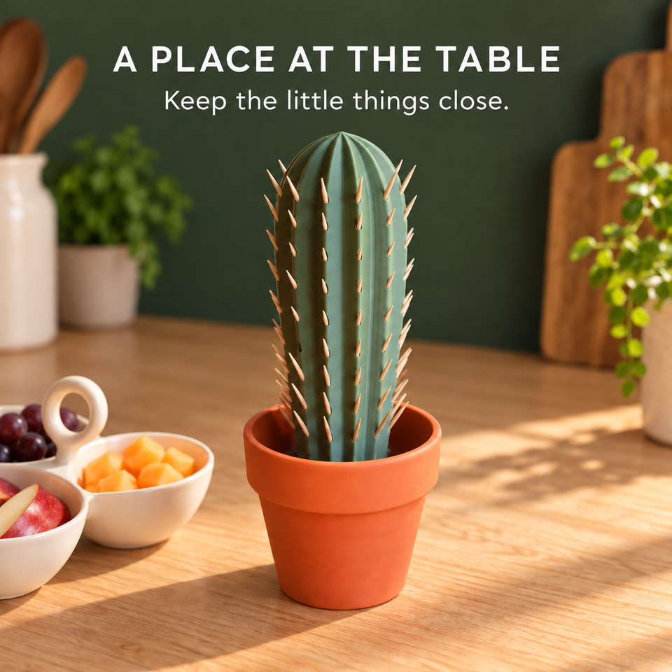 Cactus Toothpick Holder — Press, Pick, Enjoy — table