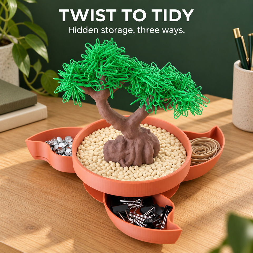 Office Supply Bonsai — Magnetic Desk Organizer — Rotating trunk opens three drawers