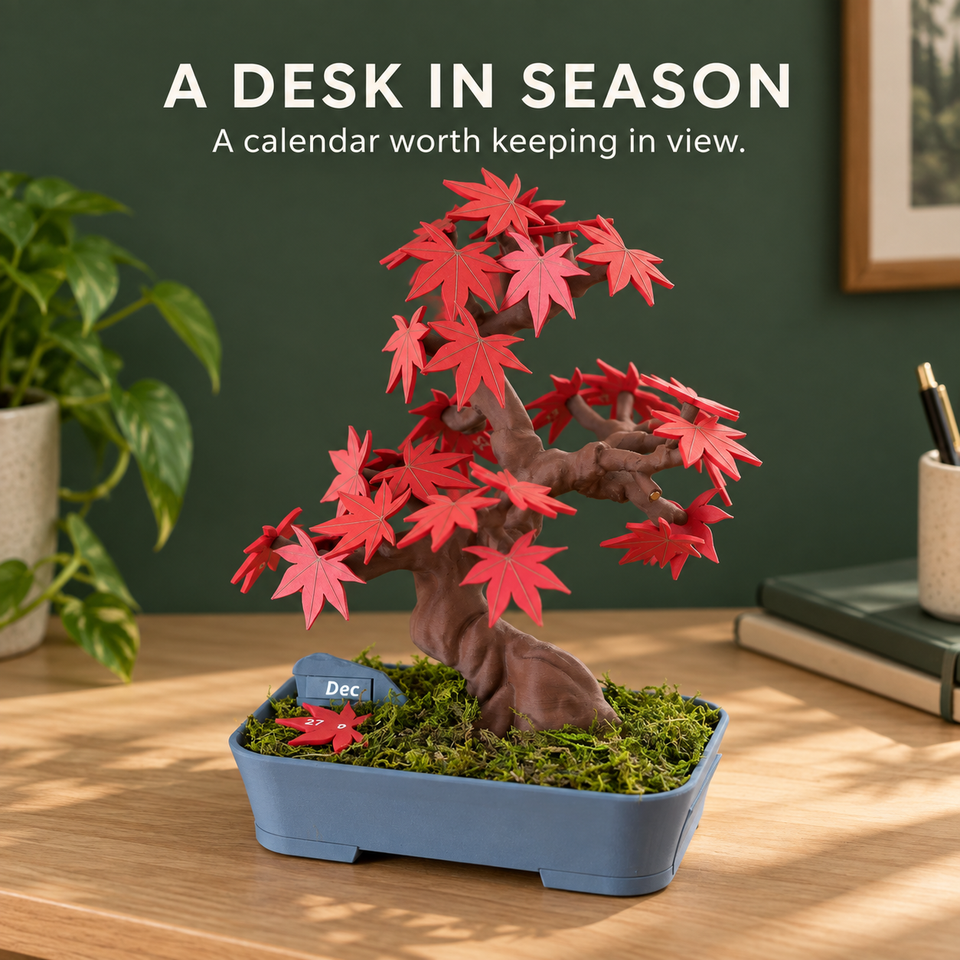 Bonsai 365 Calendar — Watch the Month Bloom — Calendar in a calm desk setting